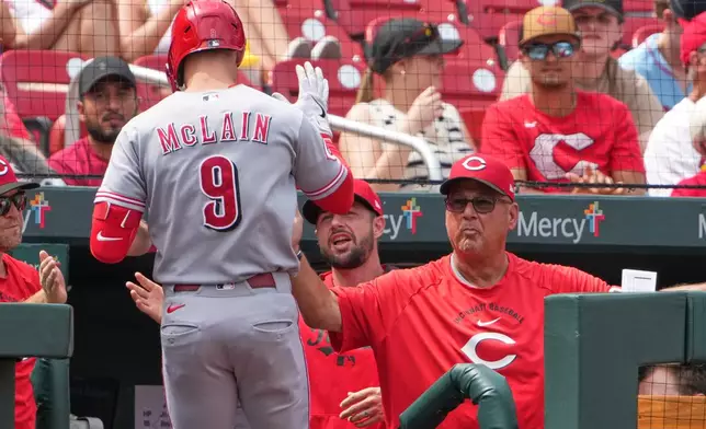 Cincinnati Reds' Matt McLain (9) is congratulated by manager Terry Francona, right, after hitting a solo home run during the seventh inning of a baseball game against St. Louis Cardinals Sunday, June 7, 2026, in St. Louis. (AP Photo/Jeff Roberson)