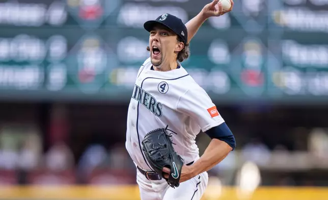 Seattle Mariners starter Logan Gilbert delivers a pitch during the second inning of a baseball game against the New York Mets, Tuesday, June 2, 2026, in Seattle. (AP Photo/Stephen Brashear)
