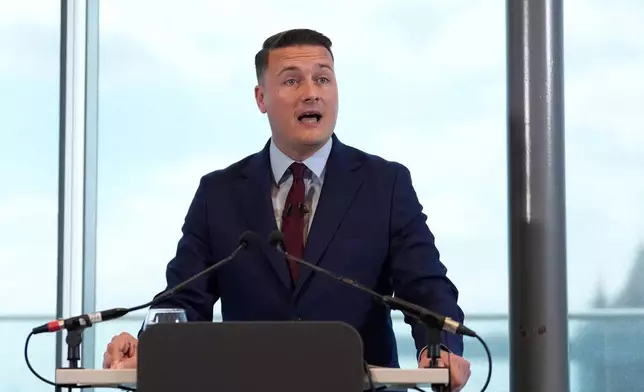 Britain's Labour Party leadership candidate Wes Streeting speaks in central London, Tuesday June 16, 2026. (Gareth Fuller/PA via AP)