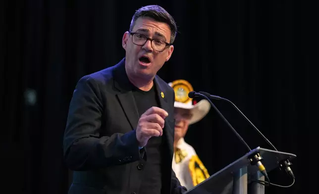 FILE - Labour party's Andy Burnham speaks after winning the Makerfield by-election, paving the way for a leadership challenge against Prime Minister Sir Keir Starmer. in Wigan, England, Friday, June 19, 2026.(AP Photo/Jon Super, file)