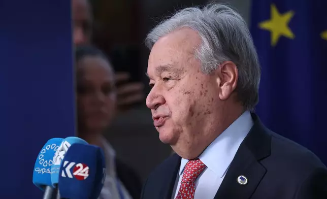 FILE - United Nations Secretary-General Antonio Guterres delivers a statement during a media conference at the EU summit in Brussels, March 19, 2026. (AP Photo/Omar Havana, File)