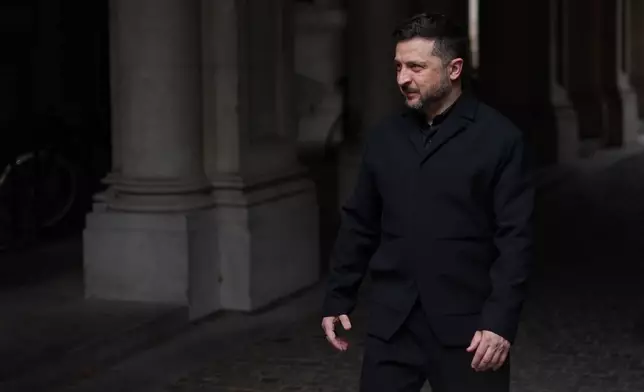 The President of Ukraine, Volodymyr Zelenskyy arrives for a meeting with the leaders of Britain, France and Germany in Downing Street in London, Sunday, June 7, 2026. (AP Photo/Alberto Pezzali)