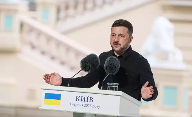Ukraine's President Volodymyr Zelenskyy speaks to journalists during a joint press conference with NATO Secretary General Mark Rutte in Kyiv, Ukraine, on Wednesday, June 3, 2026. (AP Photo/Evgeniy Maloletka)