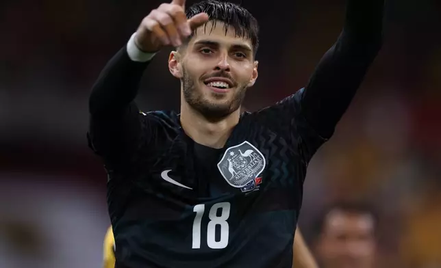 Australia goalkeeper Patrick Beach (18) celebrates after defeating Turkey during the World Cup Group D soccer match in Vancouver, British Columbia, Saturday, June 13, 2026. (AP Photo/Sydney Shankman)