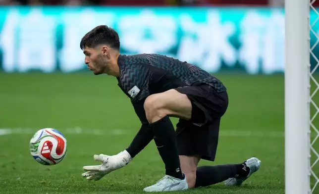 Australia's Patrick Beach makes a save during the World Cup Group D soccer match between Australia and Turkey in Vancouver, Canada, Saturday, June 13, 2026. (Darryl Dyck/The Canadian Press via AP)