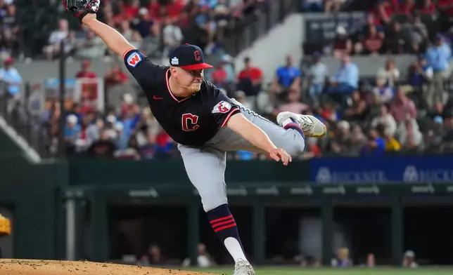 Cleveland Guardians pitcher Parker Messick follows through during the first inning of a baseball game against the Texas Rangers, Friday, June 5, 2026, in Arlington, Texas. (AP Photo/LM Otero)
