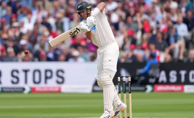 New Zealand's Kyle Jamieson plays a shot during the second day of the test match between England and New Zealand at Lord's cricket ground in London, Friday, June 5, 2026. (AP Photo/Kirsty Wigglesworth)