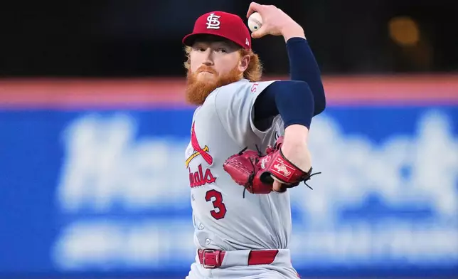 St. Louis Cardinals' Dustin May pitches during the second inning of a baseball game against the New York Mets Tuesday, June 9, 2026, in New York. (AP Photo/Frank Franklin II)