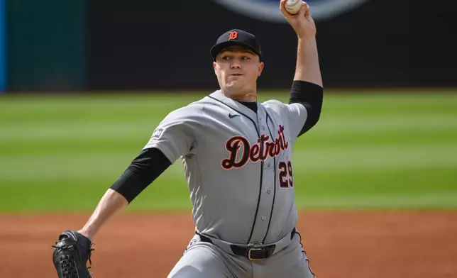 Detroit Tigers starting pitcher Tarik Skubal delivers against the Cleveland Guardians during the first inning of a baseball game, Saturday, June 13, 2026, in Cleveland. (AP Photo/Phil Long)