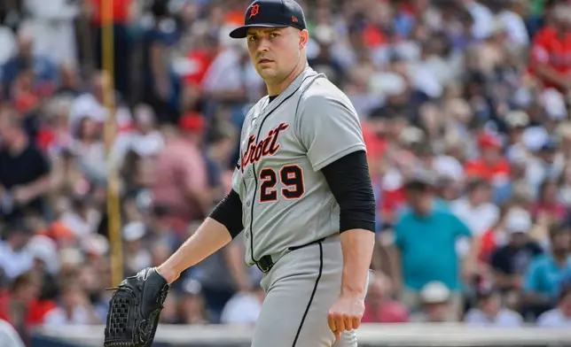 Detroit Tigers starting pitcher Tarik Skubal walks from the mound during the second inning of a baseball game against the Cleveland Guardians, Saturday, June 13, 2026, in Cleveland. (AP Photo/Phil Long)