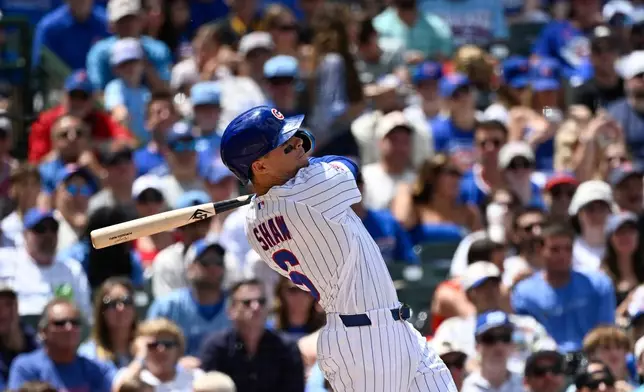 Chicago Cubs' Matt Shaw hits a three-run home run during the second inning of a baseball game against the Toronto Blue Jays, Saturday, June 20, 2026, in Chicago. (AP Photo/Matt Marton)