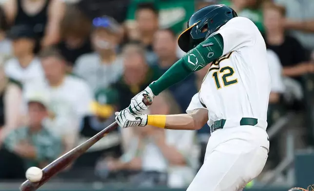 Athletics' Alika Williams hits a solo home run during the sixth inning of a baseball game against the Milwaukee Brewers, Wednesday, June 10, 2026, in Las Vegas. (AP Photo/Caroline Brehman)