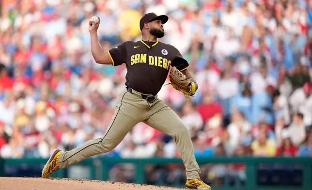 San Diego Padres' Randy Vásquez pitches during the second inning of a baseball game against the Philadelphia Phillies Tuesday, June 2, 2026, in Philadelphia. (AP Photo/Matt Slocum)