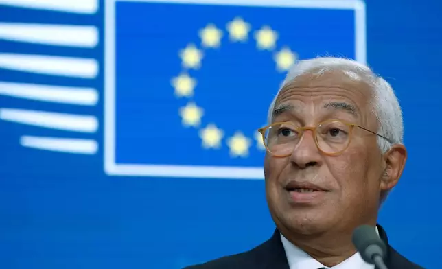 European Council President Antonio Costa talks to journalists during a media conference at the EU summit in Brussels Friday, June 19, 2026. (AP Photo/Geert Vanden Wijngaert)