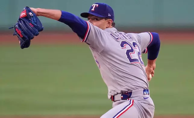 Texas Rangers' Jack Leiter delivers during the first inning of a baseball game agains the Boston Red Sox, Friday, June 12, 2026, in Boston. (AP Photo/Charles Krupa)