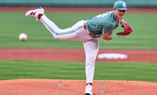 Boston Red Sox's Sonny Gray delivers during the first inning of a baseball game against the Texas Rangers, Friday, June 12, 2026, in Boston. (AP Photo/Charles Krupa)