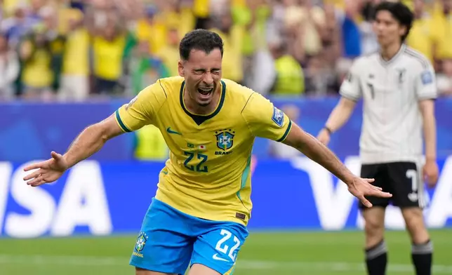 Brazil's Gabriel Martinelli (22) celebrates after scoring his side's second goal during the World Cup round of 32 soccer match between Brazil and Japan in Houston, Monday, June 29, 2026. (AP Photo/Ashley Landis)