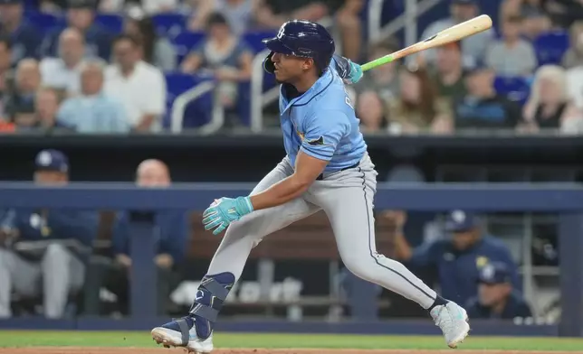 Tampa Bay Rays' Richie Palacios hits a triple to center field during the first inning of a baseball game against the Miami Marlins Friday, June 5, 2026, in Miami. (AP Photo/Marta Lavandier)