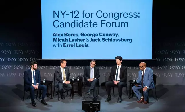 FILE - From left, Alex Bores, George Conway, Micah Lasher, and Jack Schlossberg, democratic candidates in New York's 12th Congressional District, and Errol Louis attend "NY-12 for Congress: Candidate Forum" at 92NY, on April 15, 2026, in New York. (AP Photo/Yuki Iwamura, File)