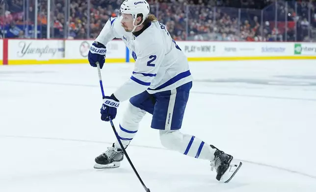 FILE - Toronto Maple Leafs' Simon Benoit plays against the Philadelphia Flyers during an NHL hockey game, Jan. 8, 2026, in Philadelphia. (AP Photo/Matt Rourke, File)