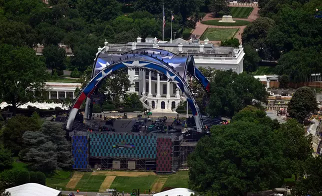 Construction continues on the arena on the South Lawn of the White House for a future UFC mixed martial arts fight, Saturday, June 6, 2026, in Washington. (AP Photo/John McDonnell)