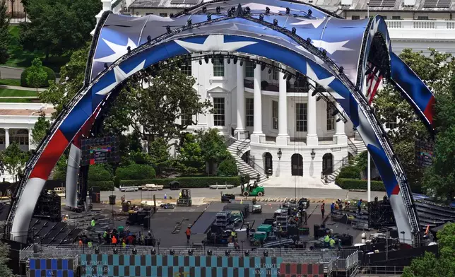Construction continues on the arena on the South Lawn of the White House for a future UFC mixed martial arts fight, Saturday, June 6, 2026, in Washington. (AP Photo/John McDonnell)
