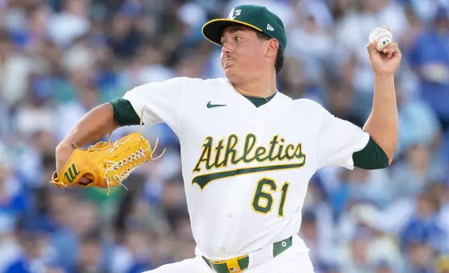 Athletics pitcher Gage Jump throws to the Los Angeles Dodgers during the second inning of a baseball game Monday, June 29, 2026, in West Sacramento, Calif. (AP Photo/Sara Nevis)