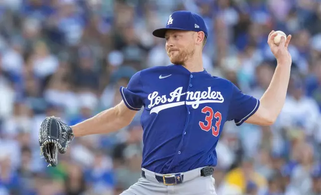 Los Angeles Dodgers pitcher Eric Lauer throws to the Athletics during the first inning of a baseball game Monday, June 29, 2026, in West Sacramento, Calif. (AP Photo/Sara Nevis)