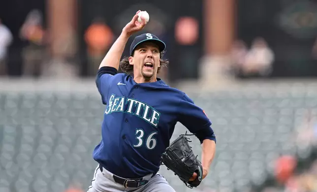 Seattle Mariners pitcher Logan Gilbert throws a pitch against the Baltimore Orioles In the first inning of a baseball game, Tuesday, June 9, 2026 in Baltimore.(AP Photo/Gail Burton)