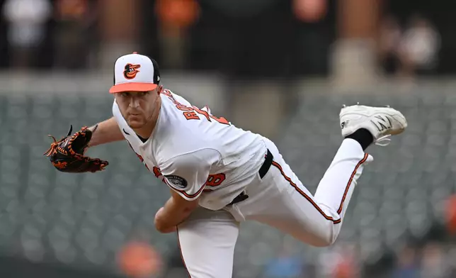 Baltimore Orioles pitcher Trevor Rogers (28) delivers a pitch against the Seattle Mariners In the first inning of a baseball game, Tuesday, June 9, 2026 in Baltimore.(AP Photo/Gail Burton)