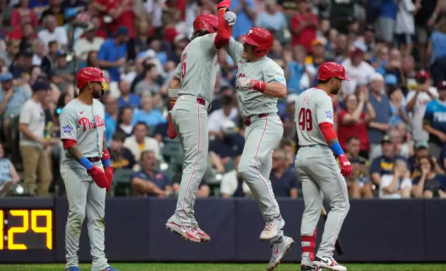 Philadelphia Phillies' J.T. Realmuto celebrates with Bryson Stott after hitting a three-run home run during the sixth inning of a baseball game against the Milwaukee Brewers, Saturday, June 13, 2026, in Milwaukee. (AP Photo/Aaron Gash)