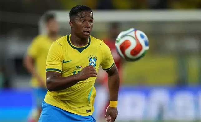 FILE - Brazil's Endrick controls the ball during a friendly soccer match against Panama in Rio de Janeiro, Sunday, May 31, 2026. (AP Photo/Silvia Izquierdo, File)