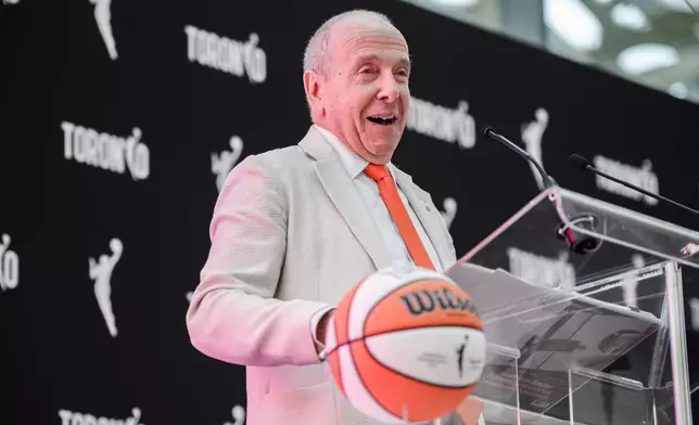 FILE - Larry Tanenbaum of Kilmer Sports Ventures gives remarks during a news conference announcing the city's WNBA franchise, May 23, 2024, in Toronto. (Christopher Katsarov/The Canadian Press via AP, File)