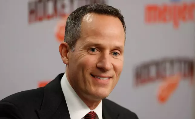 FILE - Chris Ilitch, Detroit Red Wings president and CEO, speaks before the team's NHL hockey game against the Toronto Maple Leafs, Oct. 11, 2018, in Detroit. (AP Photo/Paul Sancya, File)