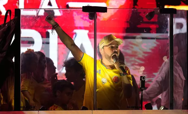 Presidential candidate Abelardo de la Espriella of the Defenders of the Motherland movement addresses supporters after leading the first round of the presidential election and advancing to a runoff in Barranquilla, Colombia, Sunday, May 31, 2026. (AP Photo/Fernando Vergara)