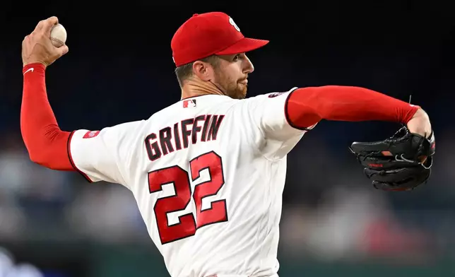 Washington Nationals staring pitcher Foster Griffin throws during the second inning of a baseball game against the Philadelphia Phillies, Monday, June 22, 2026, in Washington. (AP Photo/John McDonnell)