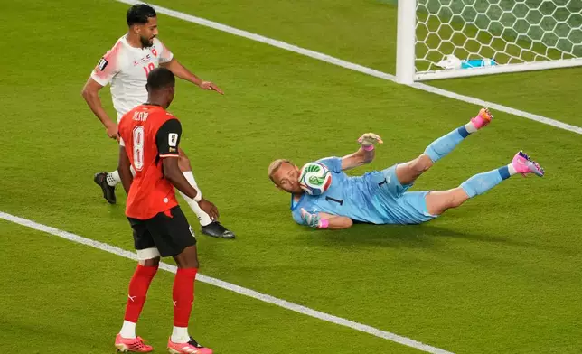 Austria goalkeeper Alexander Schlager catches the ball during the World Cup Group J soccer match against Jordan in Santa Clara, Calif., near San Francisco, Tuesday, June 16, 2026. (AP Photo/Jeff Chiu)