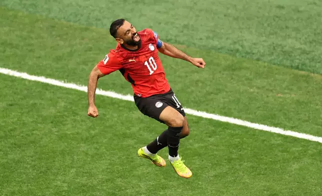 Egypt's Mohamed Salah (10) celebrates after scoring his side's second goal during the World Cup Group G soccer match between New Zealand and Egypt in Vancouver, British Columbia, Sunday, June 21, 2026. (AP Photo/Emma Peterson)