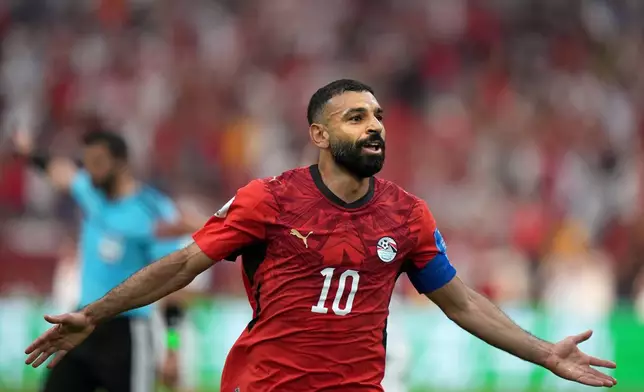 Egypt's Mohamed Salah (10) celebrates his goal during second half World Cup Group G soccer action against New Zealand, in Vancouver, British Columbia, Sunday, June 21, 2026. (Darryl Dyck /The Canadian Press via AP)
