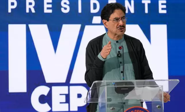 Sen. Ivan Cepeda, presidential candidate with the ruling Historic Pact Coalition, gives a press conference the day after the presidential election runoff in Bogota, Colombia, Monday, June 22, 2026. (AP Photo/Fernando Vergara)