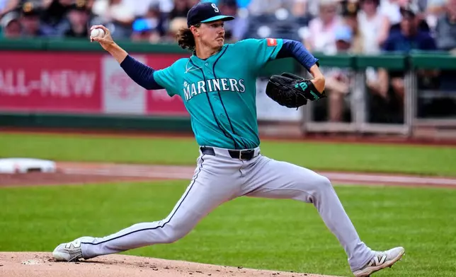 Seattle Mariners pitcher Bryce Miller delivers during the first inning of a baseball game against the Pittsburgh Pirates in Pittsburgh, Thursday, June 25, 2026. (AP Photo/Gene J. Puskar)