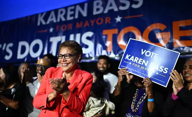 Los Angeles Mayor Karen Bass speaks during an election night event Tuesday, June 2, 2026, in Los Angeles. (AP Photo/William Liang)