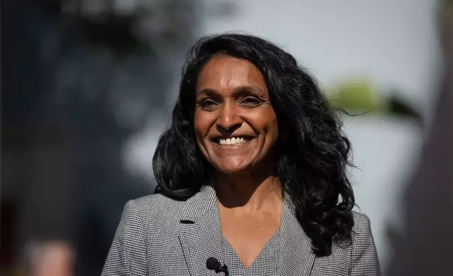 Nithya Raman, a candidate in the Los Angeles mayoral race, smiles during a campaign event discussing tenant protections with renters in Los Angeles, Monday, June 1, 2026. (AP Photo/Jae C. Hong)