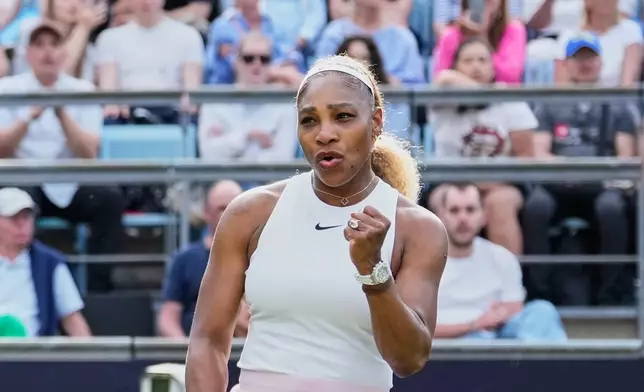 Serena Williams of the U.S. reacts as she and Czech Republic's Karolina Muchova play during their round of 16 doubles match against New Zealand's Erin Routliffe and Mexico's Giuliana Olmo during the WTA 500 Berlin Open tennis tournament at Steffi Graf Stadium, in Berlin, Germany, Tuesday, June 16, 2026. (AP Photo/Ebrahim Noroozi)