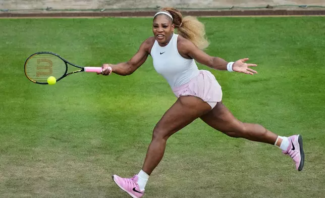 Serena Williams of the U.S. returns the ball as she and Czech Republic's Karolina Muchova play during their round of 16 doubles match against New Zealand's Erin Routliffe and Mexico's Giuliana Olmo during the WTA 500 Berlin Open tennis tournament at Steffi Graf Stadium, in Berlin, Germany, Tuesday, June 16, 2026. (AP Photo/Ebrahim Noroozi)