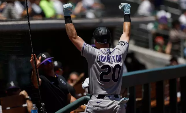 Colorado Rockies' Troy Johnston reacts after hitting a two run home run during the fourth inning of a baseball game against the Athletics, Sunday, June 14, 2026, in Las Vegas. (AP Photo/Caroline Brehman)