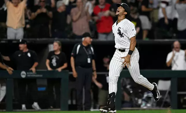 Chicago White Sox's Braden Montgomery celebrates after hitting a walk-off two-run home in the 10th inning of a baseball game against the Atlanta Braves in Chicago, Tuesday, June 9, 2026. (AP Photo/Paul Beaty)