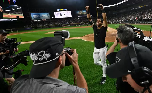 Chicago White Sox's Braden Montgomery celebrates after hitting a walk-off two-run home in a baseball game against the Atlanta Braves in Chicago, Tuesday, June 9, 2026. (AP Photo/Paul Beaty)
