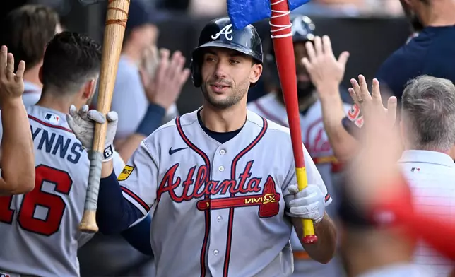 Atlanta Braves' Matt Olson celebrates with teammates in the dugout after hitting a two-run home run during the first inning of a baseball game against the Chicago White Sox in Chicago, Tuesday, June 9, 2026. (AP Photo/Paul Beaty)
