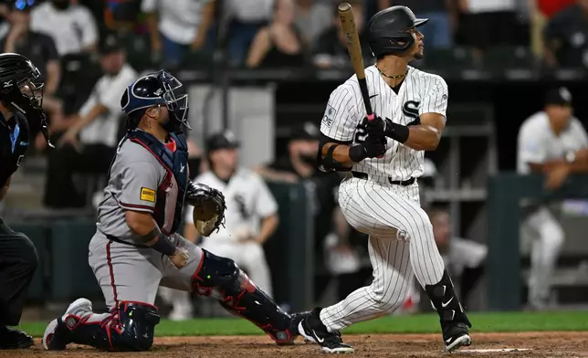 Chicago White Sox's Braden Montgomery watches his walk-off two-run home run in the 10th inning of a baseball game to defeat the Atlanta Braves in Chicago, Tuesday, June 9, 2026. (AP Photo/Paul Beaty)